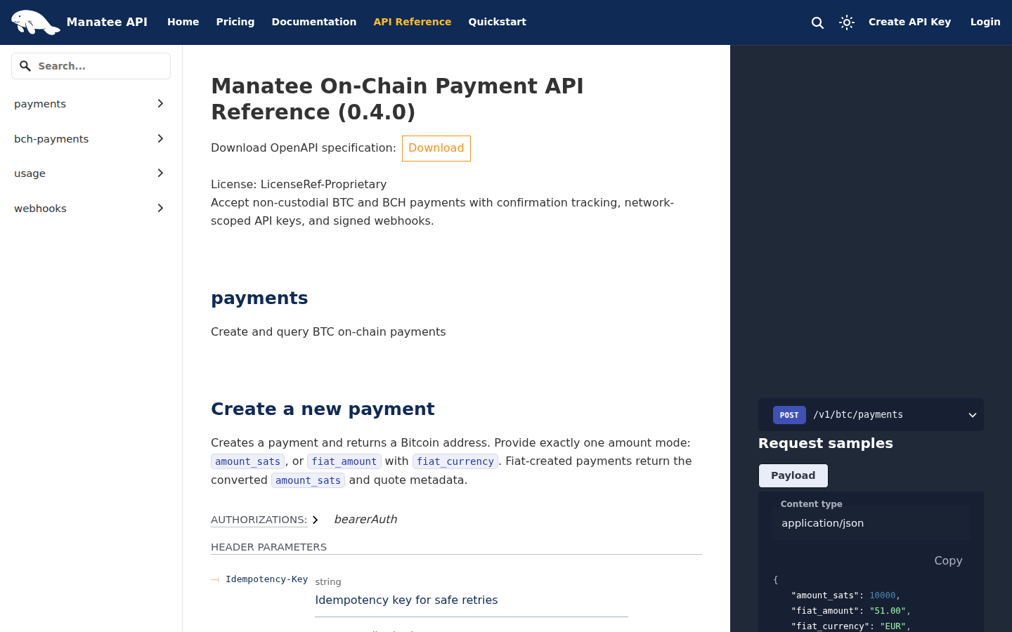 Manatee API reference showing asset-specific payment resources and a create-payment request
